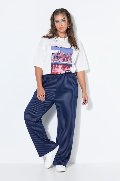 Nadelstreifen-Hose, Straight Wide Legs, Elastikbund