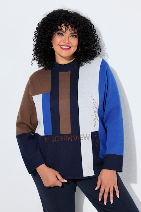 Pullover, Colorblocking, Ziersteine, Stehkragen, Langarm