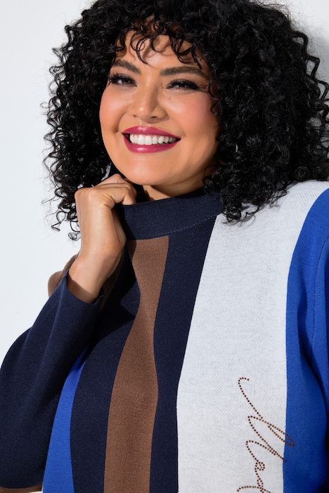 Pullover, Colorblocking, Ziersteine, Stehkragen, Langarm