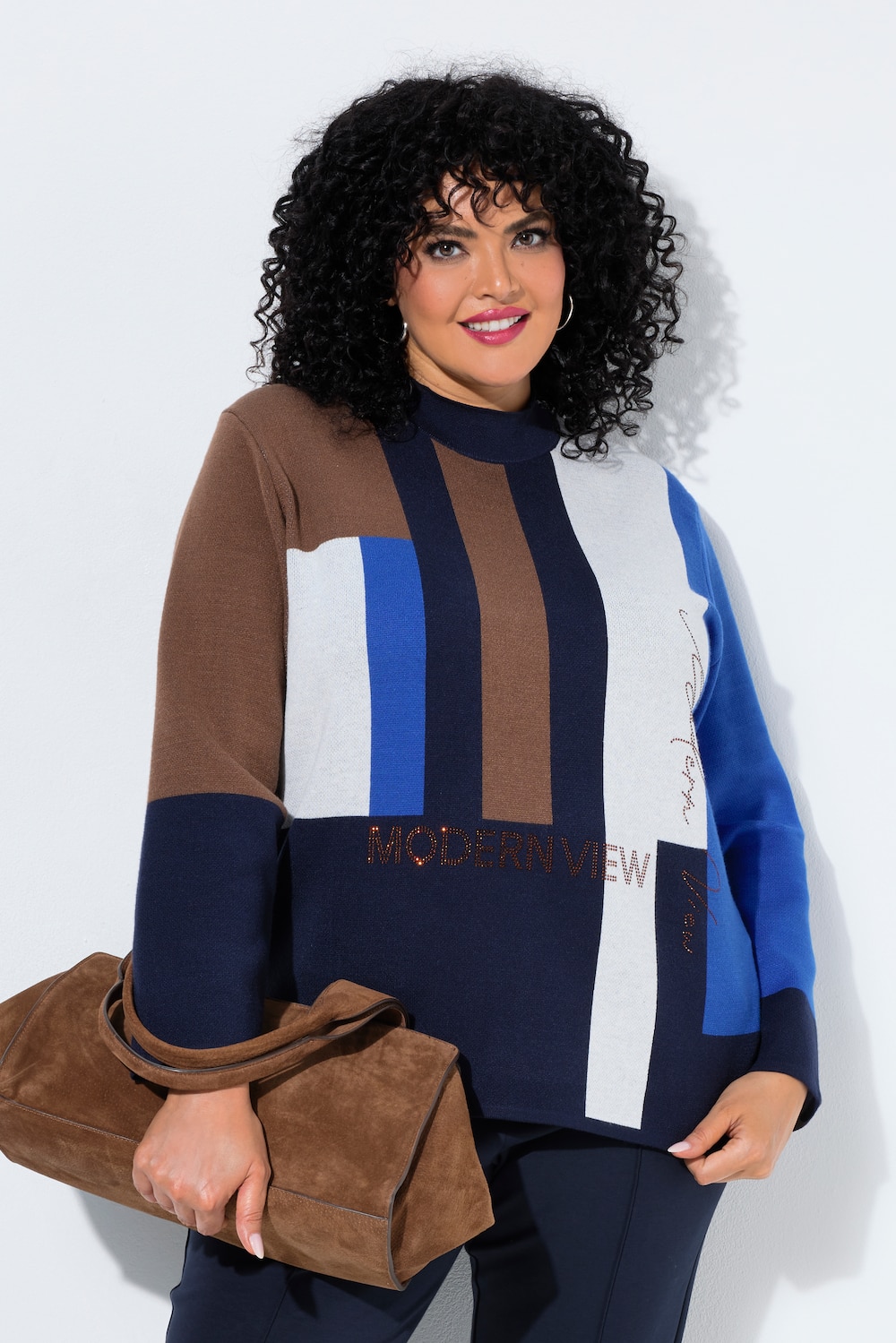 Pullover, Colorblocking, Ziersteine, Stehkragen, Langarm