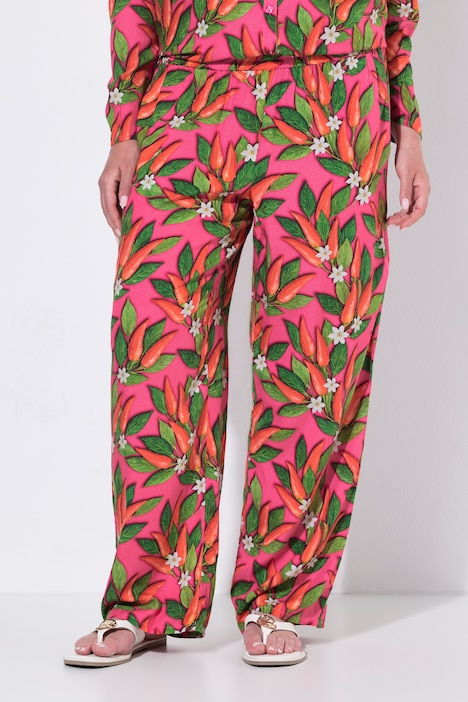 Pantalon, jambe large et droite, motif piments et fleurs