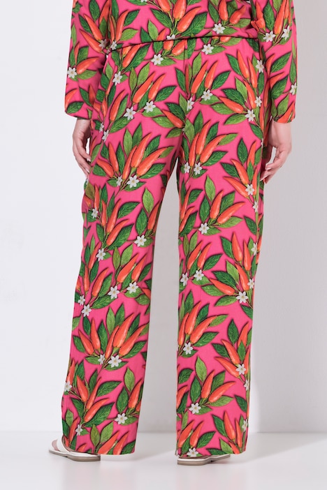 Pantalon, jambe large et droite, motif piments et fleurs