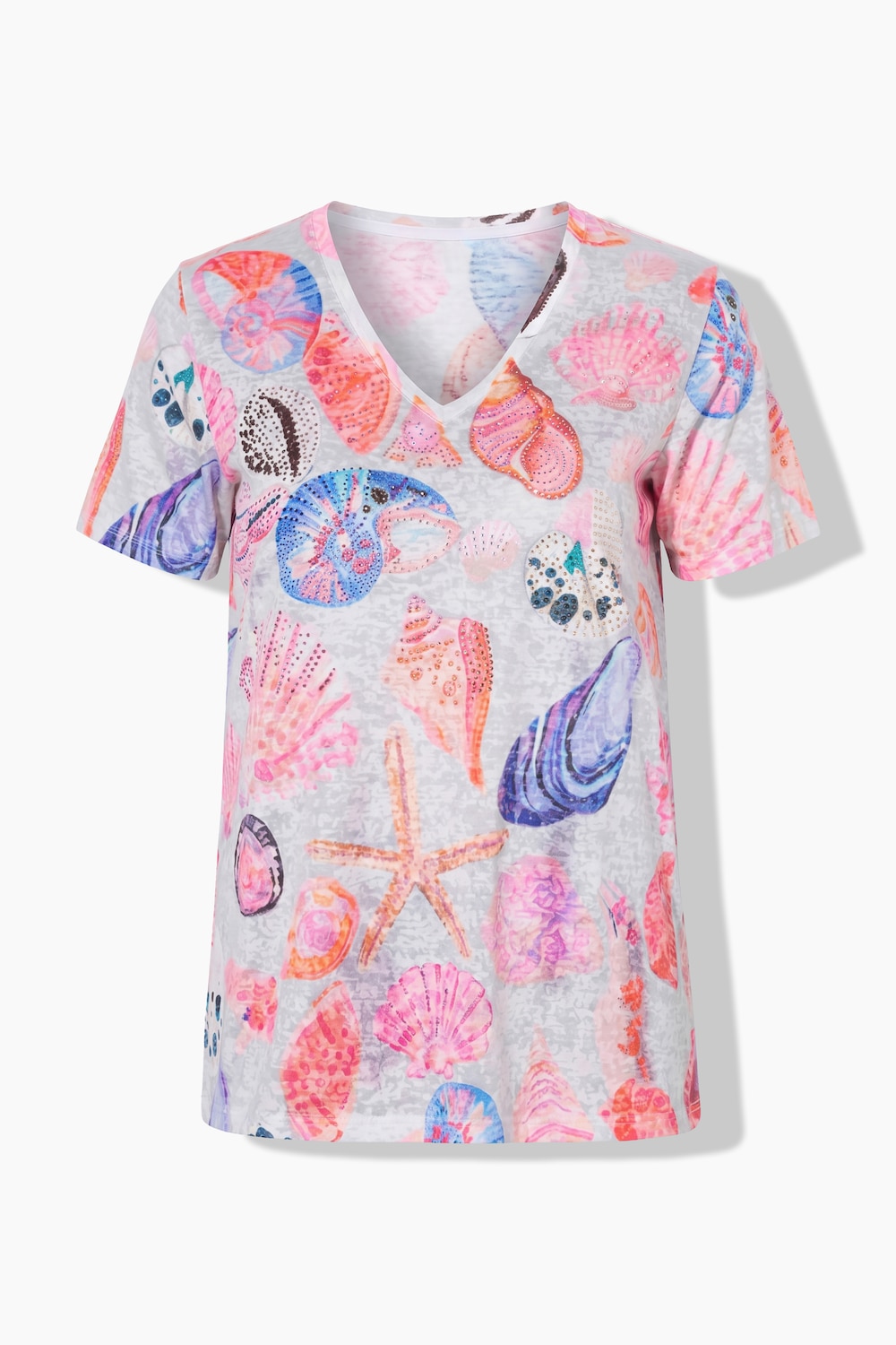 T-shirt, comfortabele pasvorm, glittersteentjes, schelpenpatroon