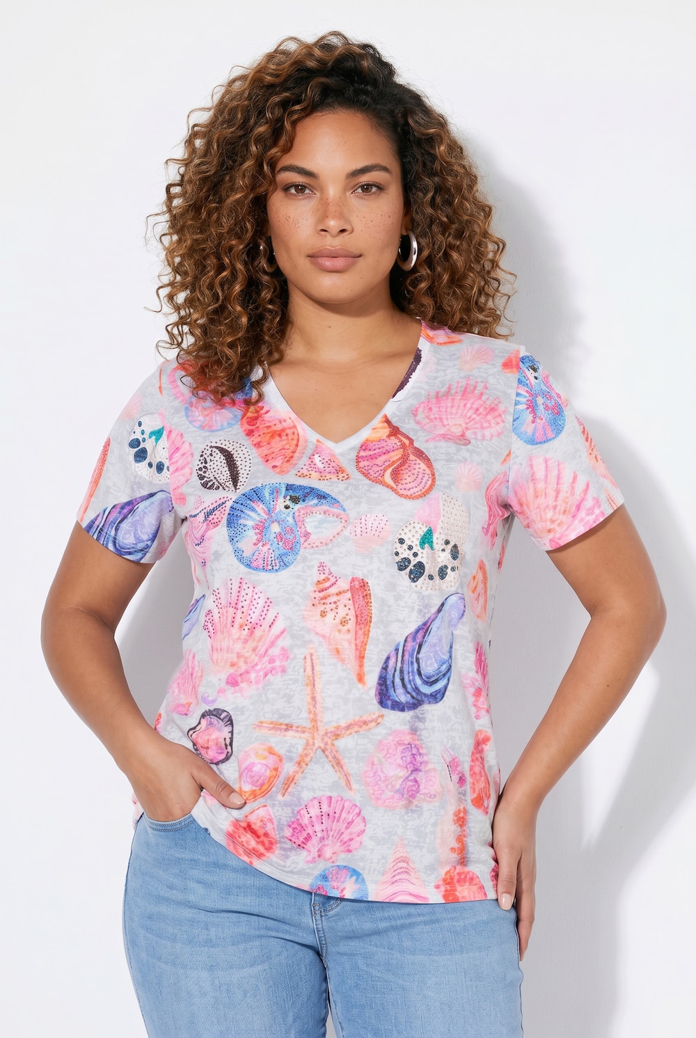 T-Shirt, Komfort Fit, Glitzersteinchen, Muschel-Muster