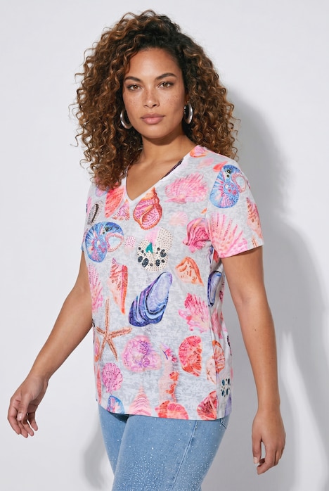 T-Shirt, Komfort Fit, Glitzersteinchen, Muschel-Muster