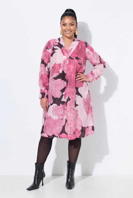 Floral Print Cupro Blend Long Sleeve Dress