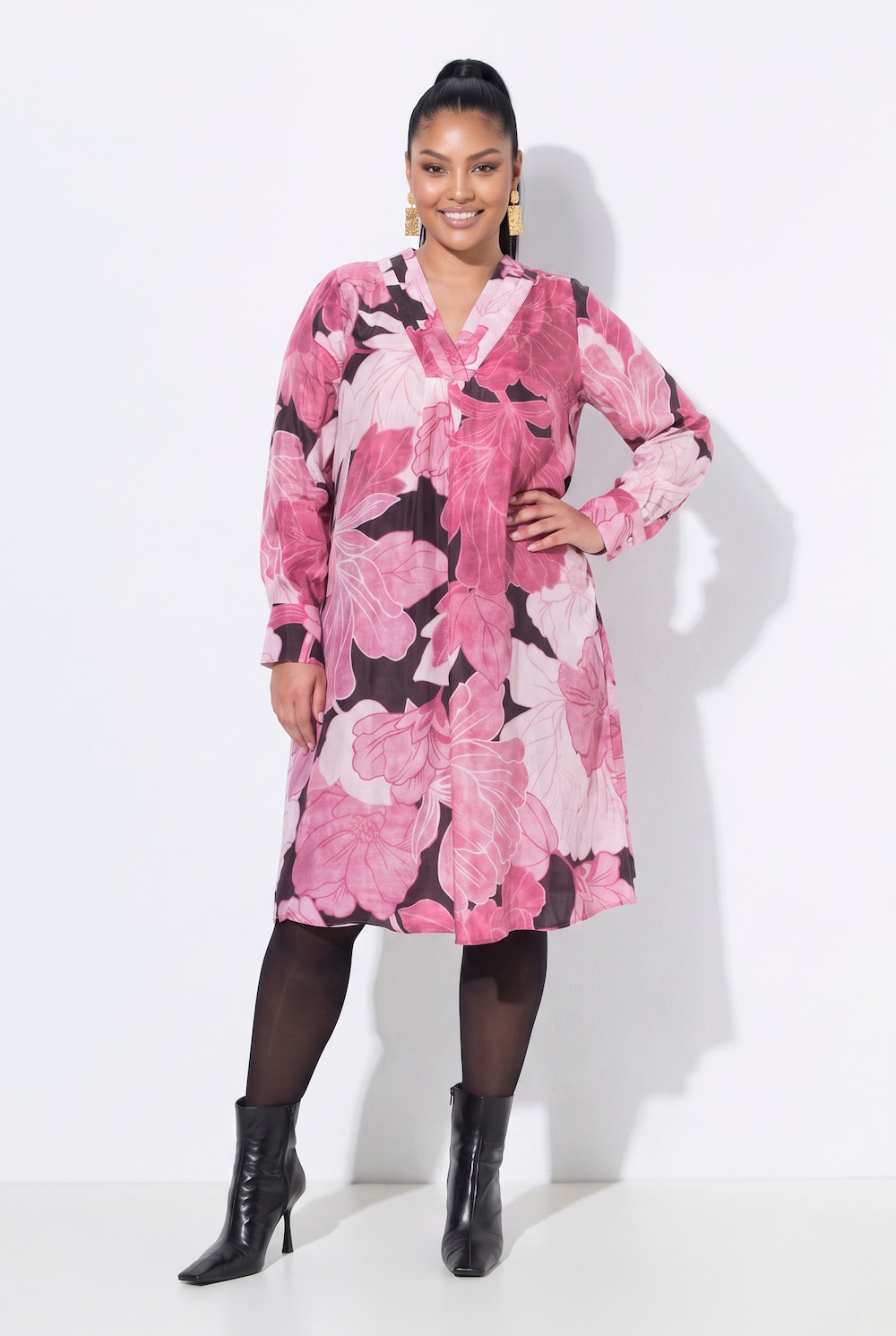 Kleid, Cupro-Mix, Blüten, V-Ausschnitt, Langarm