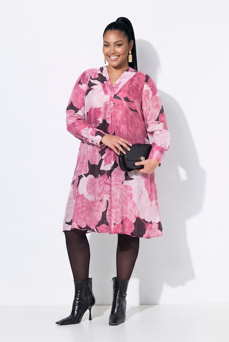 Floral Print Cupro Blend Long Sleeve Dress
