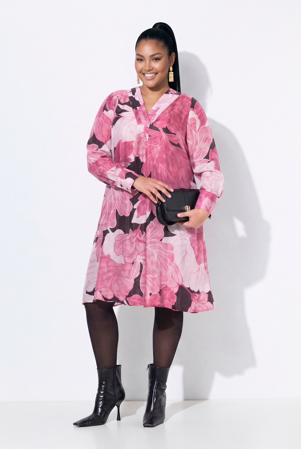 Jurk, cupro-mix, bloemen, V-hals, lange mouwen