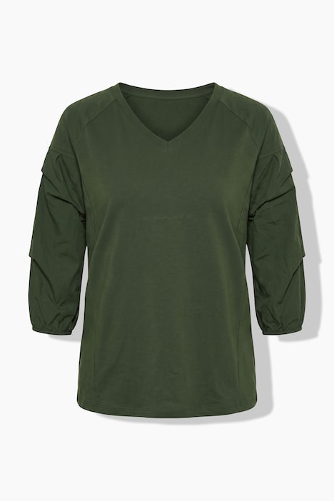 Shirt, decorative pleats, V-neck, 3/4 sleeves, organic cotton