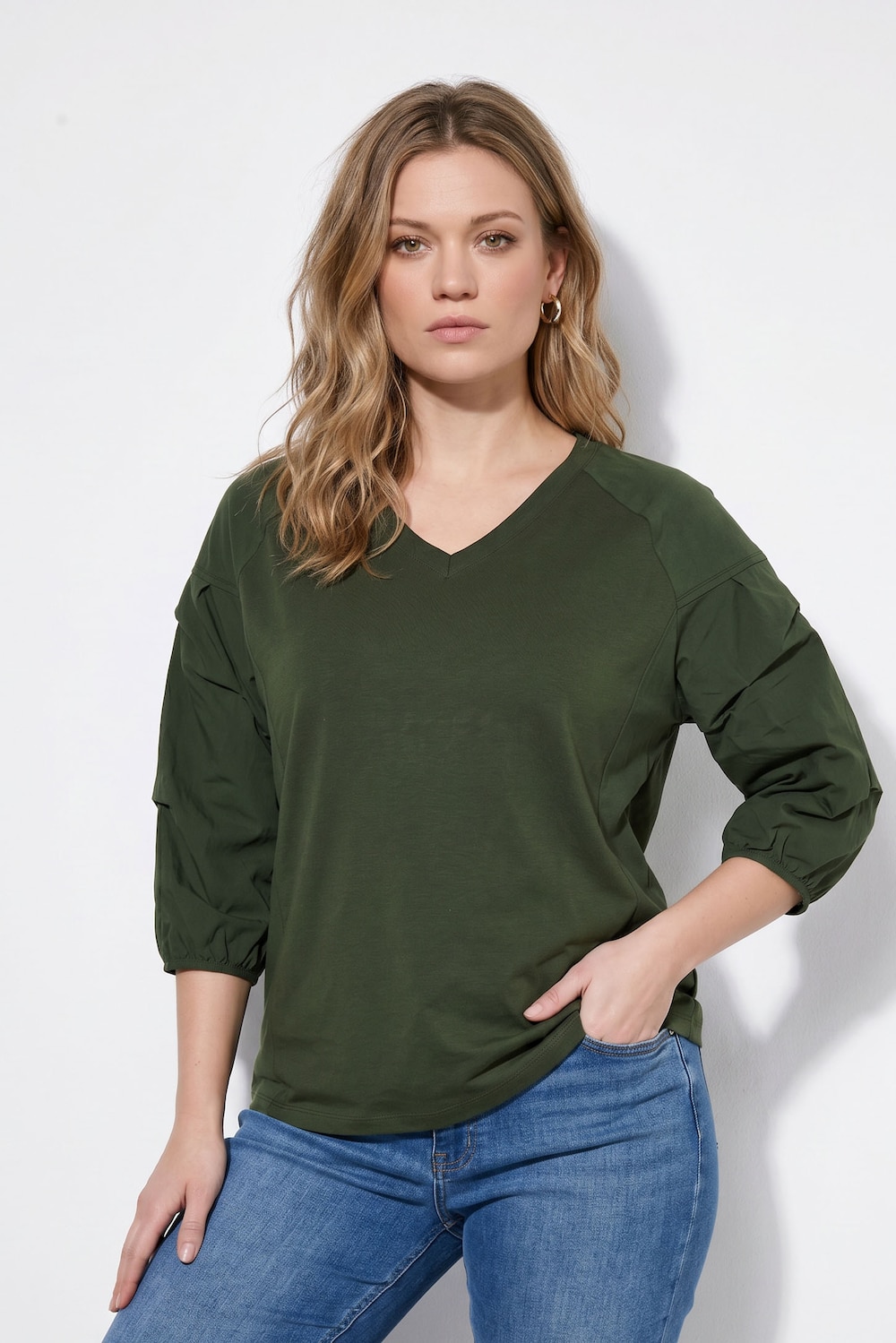 Shirt, Zierfalten, V-Ausschnitt, 3/4-Arm, Biobaumwolle