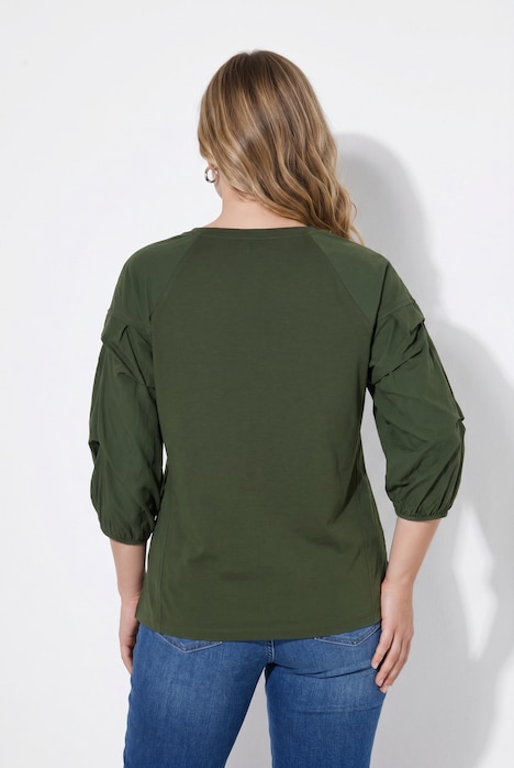 Shirt, decorative pleats, V-neck, 3/4 sleeves, organic cotton