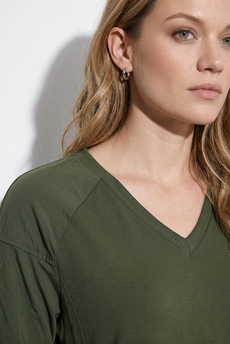 Shirt, decorative pleats, V-neck, 3/4 sleeves, organic cotton