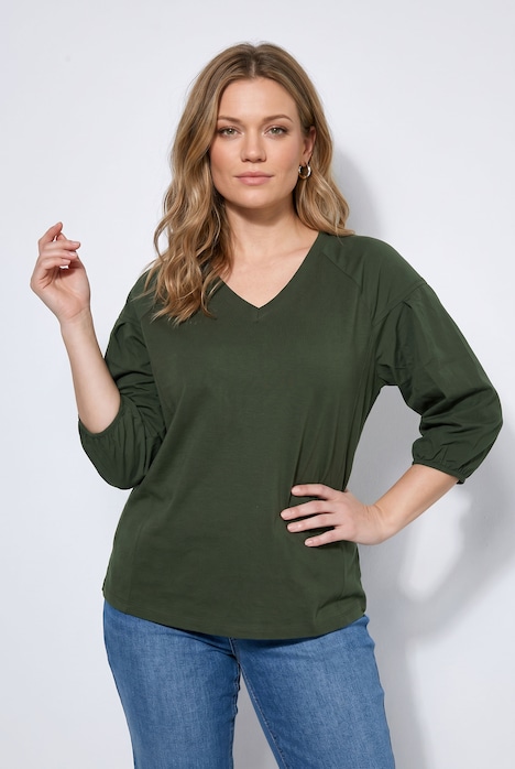 Shirt, decorative pleats, V-neck, 3/4 sleeves, organic cotton