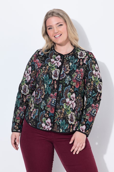 Jacquardjacke, Blüten, Piping, Rundhals, Langarm