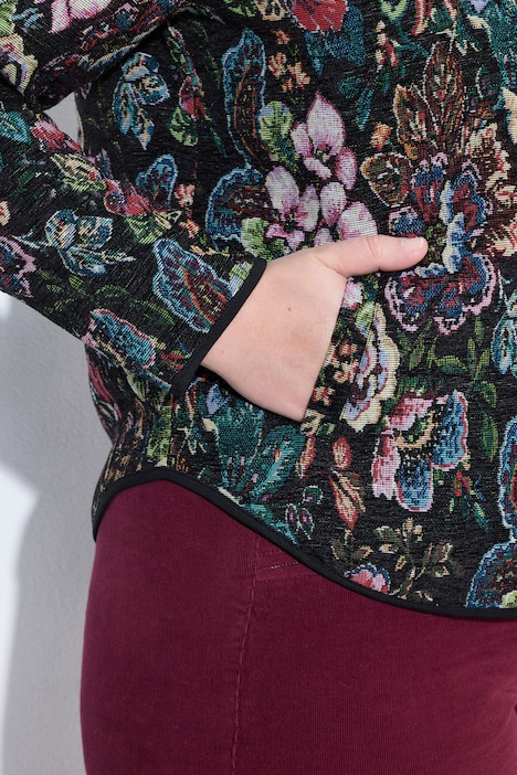 Jacquardjacke, Blüten, Piping, Rundhals, Langarm
