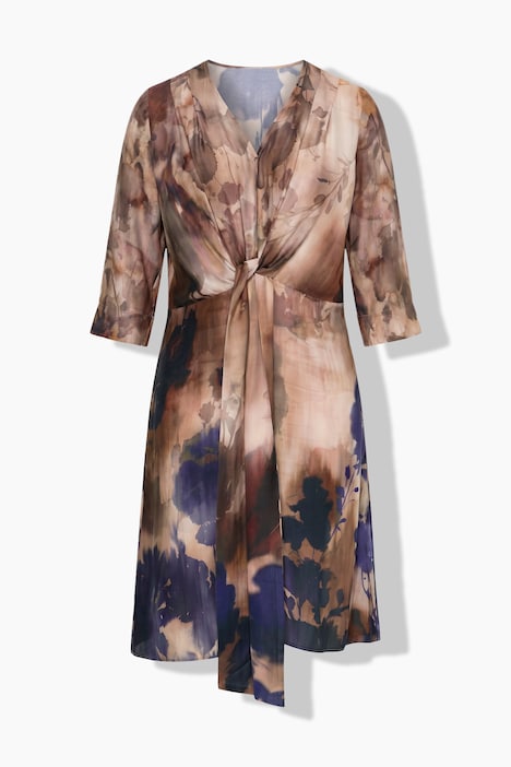 Satin-Maxikleid, Aquarell-Design, V-Ausschnitt, 3/4-Arm