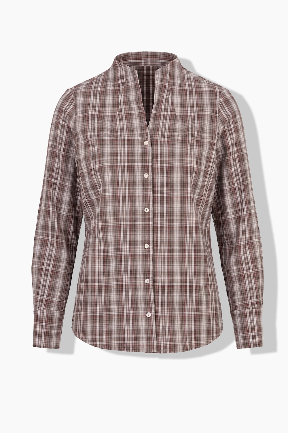 Bluse, Karo, Kelchkragen, V-Ausschnitt, Langarm