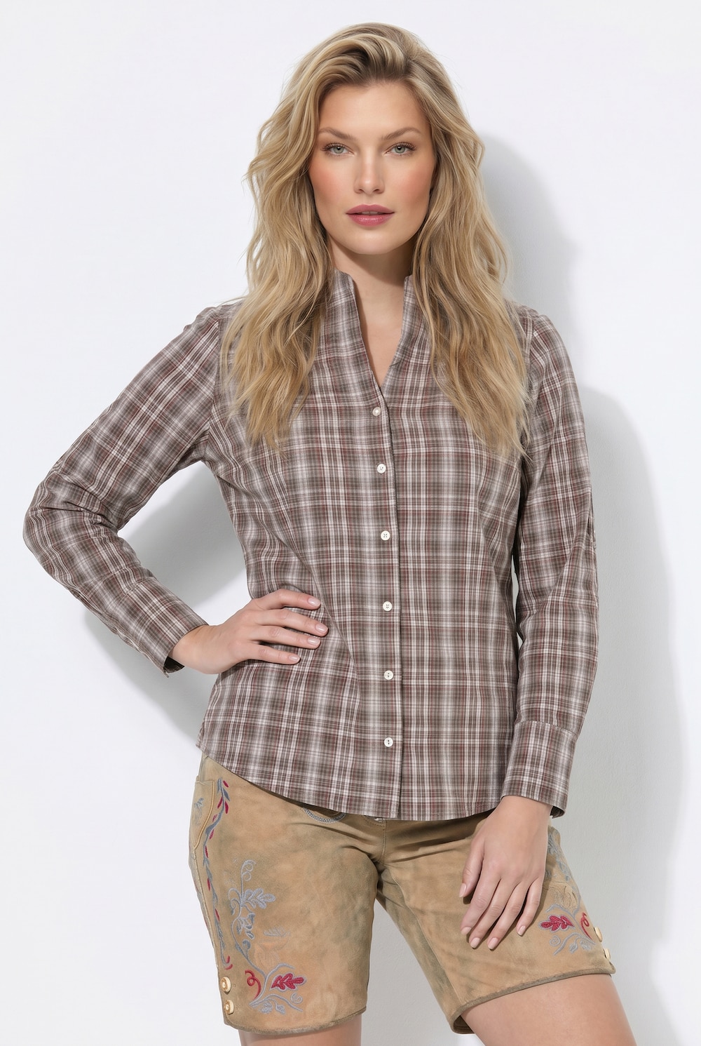 Bluse, Karo, Kelchkragen, V-Ausschnitt, Langarm