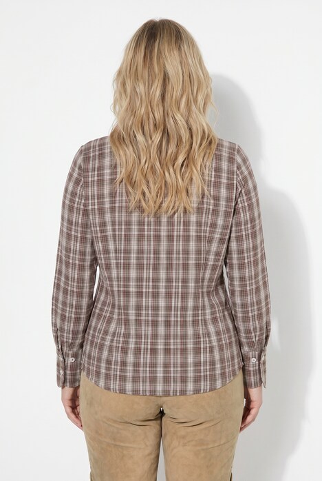 Bluse, Karo, Kelchkragen, V-Ausschnitt, Langarm