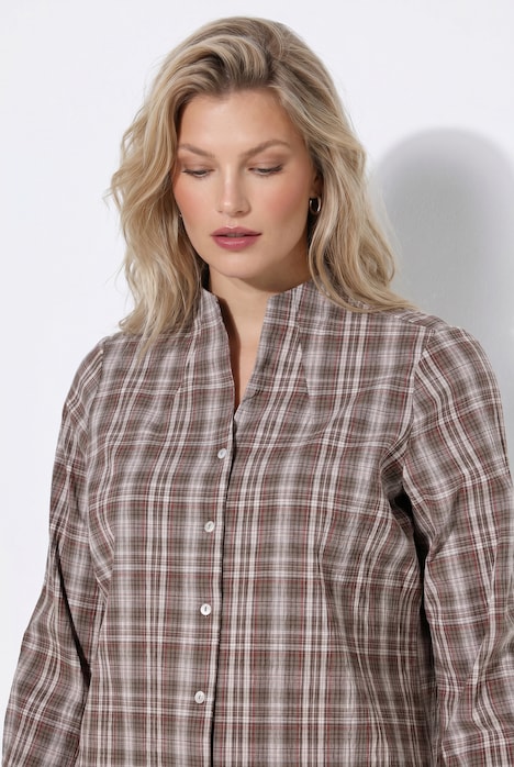 Bluse, Karo, Kelchkragen, V-Ausschnitt, Langarm