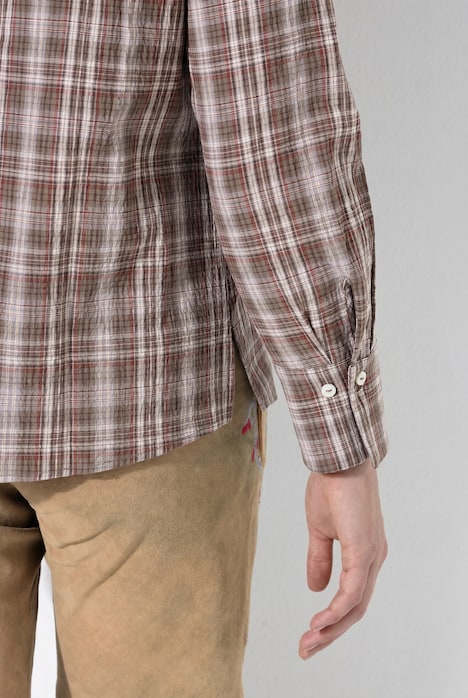Bluse, Karo, Kelchkragen, V-Ausschnitt, Langarm