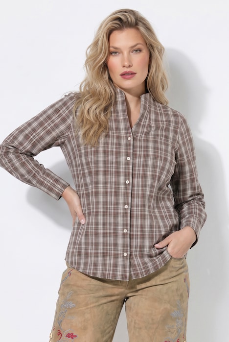 Bluse, Karo, Kelchkragen, V-Ausschnitt, Langarm