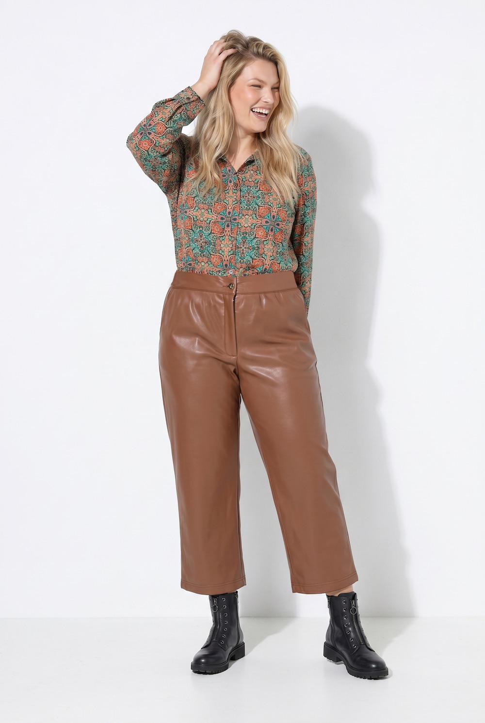 Culotte, Lederoptik, weites Bein, Komfortbund