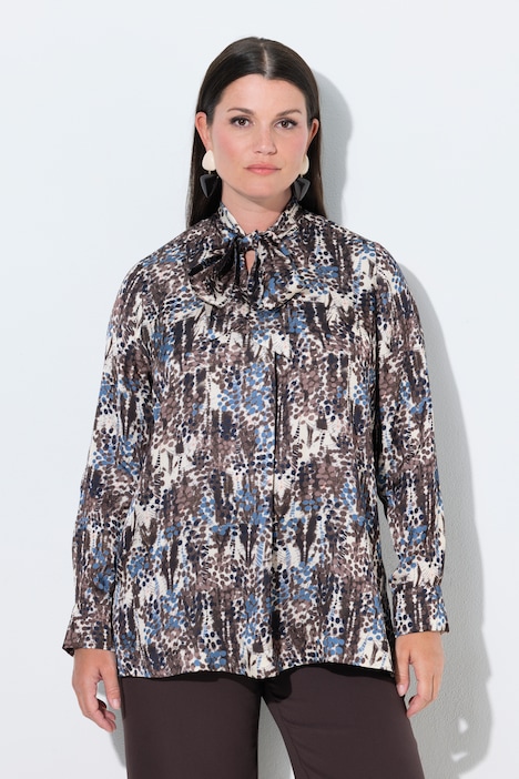 Satijnen blouse,strik, A-lijn, opstaande kraag, lange mouwen