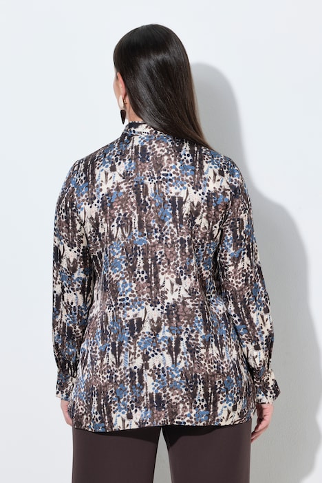 Satijnen blouse,strik, A-lijn, opstaande kraag, lange mouwen