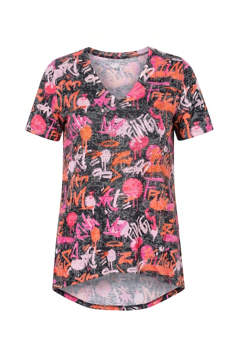 T-shirt, A-line, graffiti print, longer hem at the back
