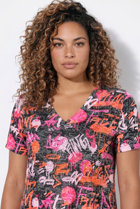 T-Shirt, A-Linie, Graffitti-Muster, Saum hinten länger