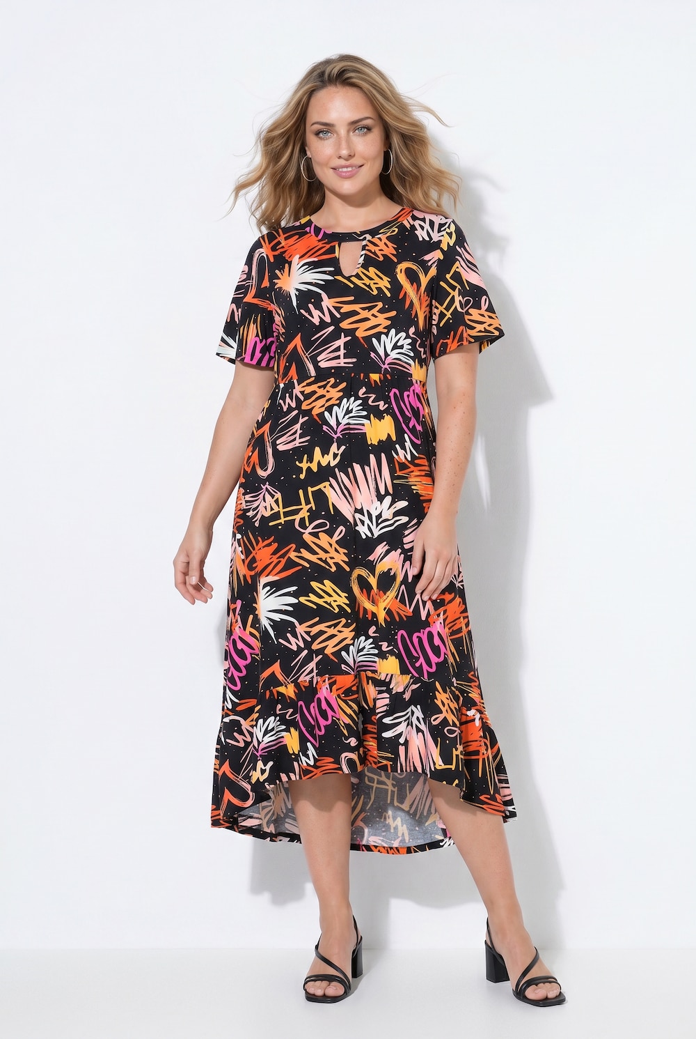 Maxi-Jerseykleid, Graffiti-Muster, Flügelärmel