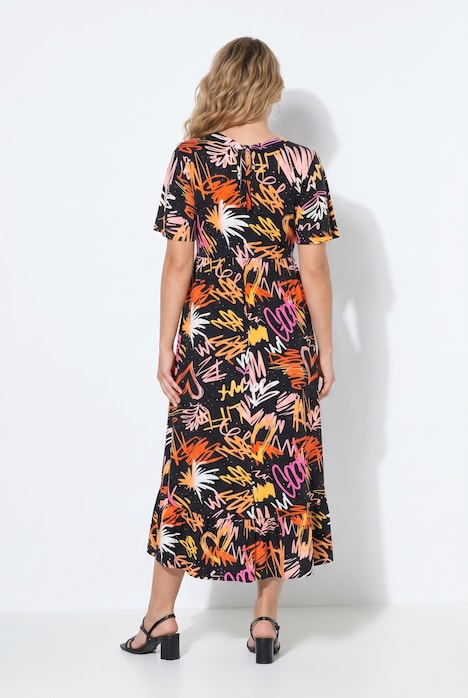 Maxi-Jerseykleid, Graffiti-Muster, Flügelärmel