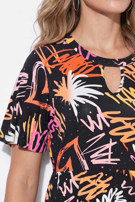 Maxi-Jerseykleid, Graffiti-Muster, Flügelärmel
