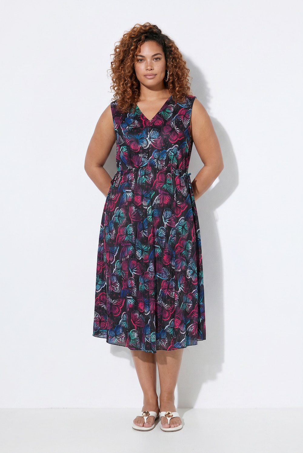 Plissee-Midikleid, ärmellos, Muster, elastische Taille