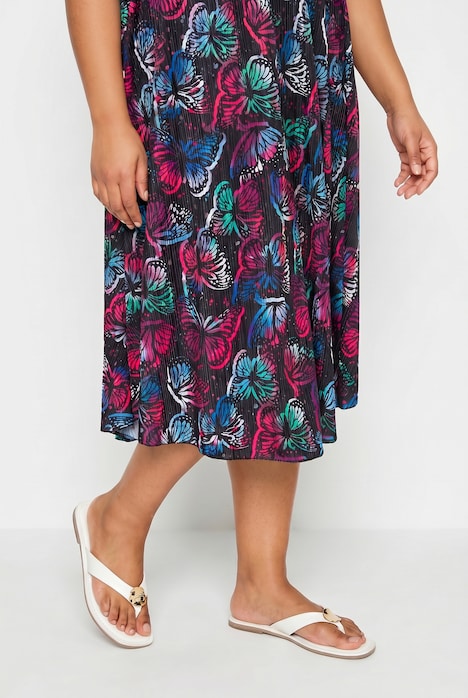 Plissee-Midikleid, ärmellos, Muster, elastische Taille