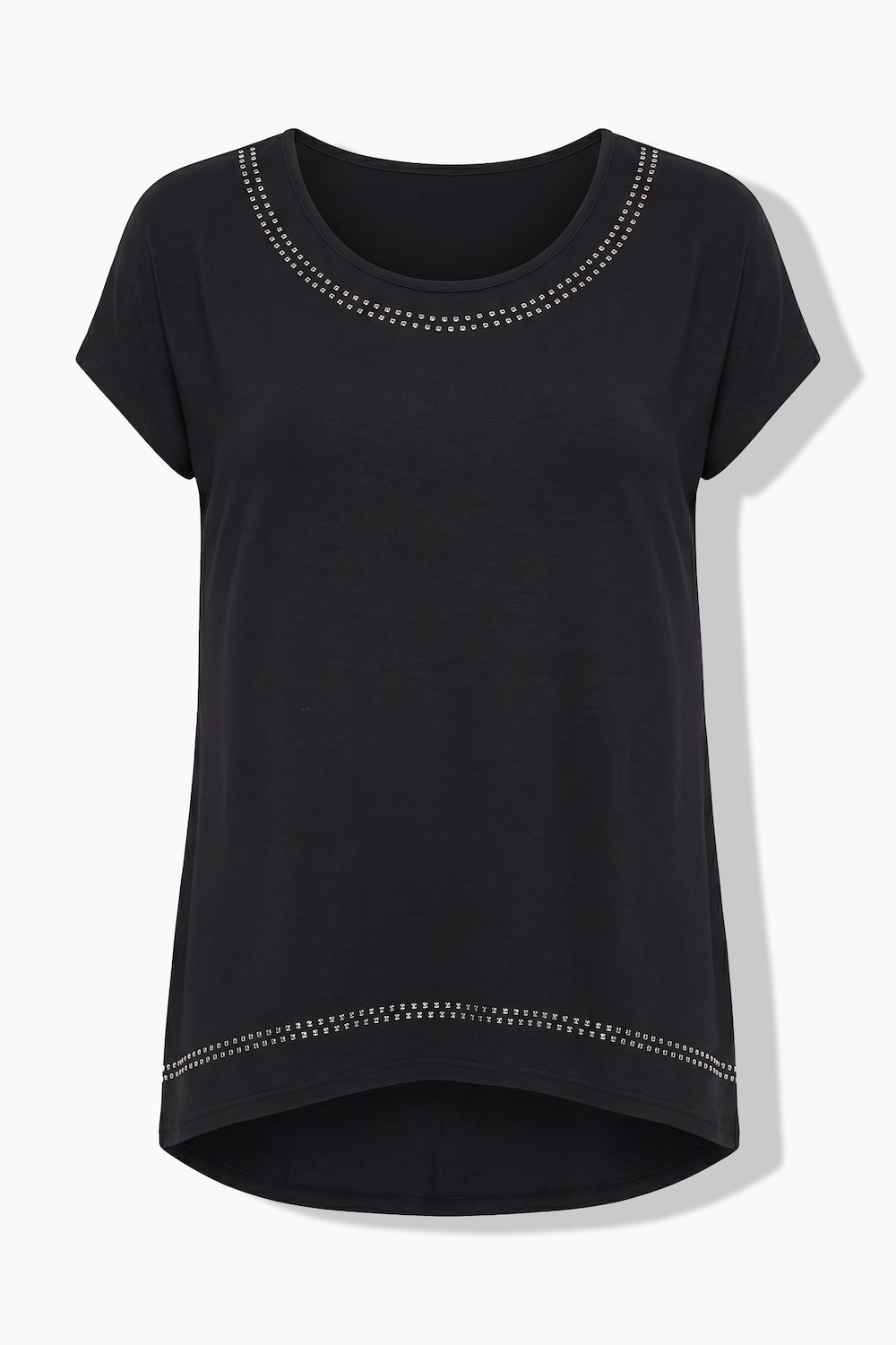 Stora storlekar T-shirt i A-linjemodell med dekornitar och rundad fåll, Dam, svart, storlek: 50, Viskos, Angel of Style