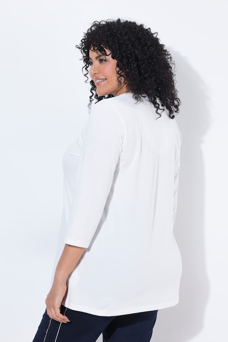 T-shirt avec motif scintillant, col rond avec découpe « trou de serrure » et manches 3/4, coupe évasée