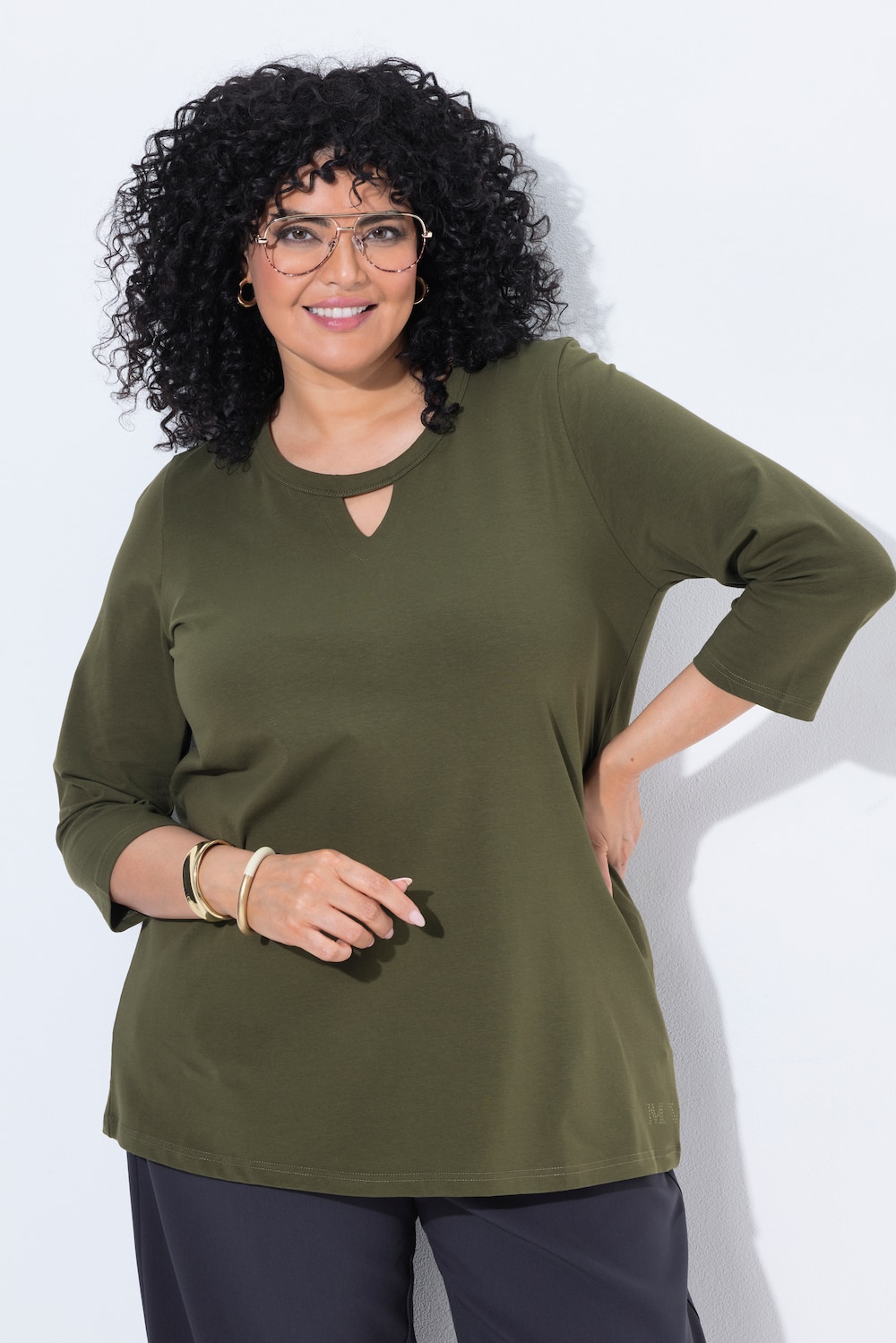 Shirt, Glitzermotiv, A-Linie, Keyhole, Rundhals, 3/4-Arm