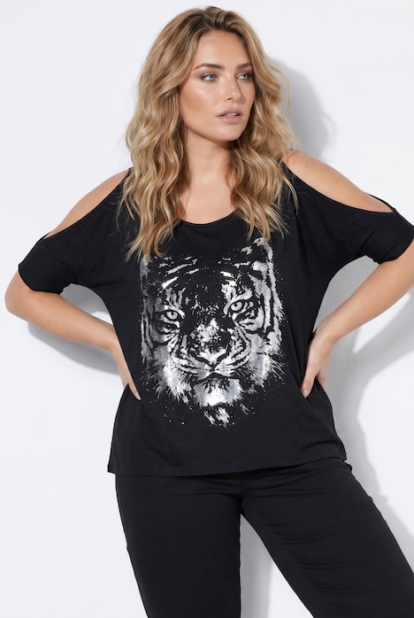 T-Shirt, A-Linie, Tiger-Motiv, Fledermausärmel mit Schlitz