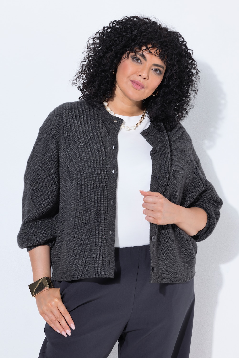 Strickjacke, offenkantig, Rundhals, Ballon-Langarm