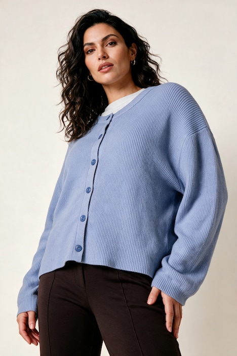 Strickjacke, Rundhals, Ballon-Langarm
