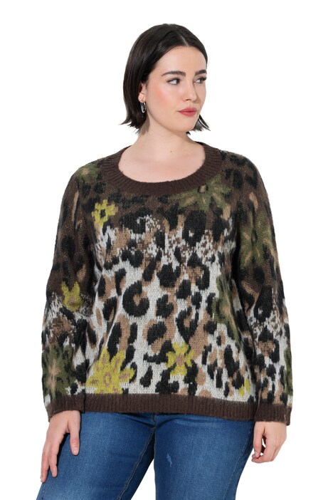 Pullover, Leomuster, Blüten, Rundhals, Langarm