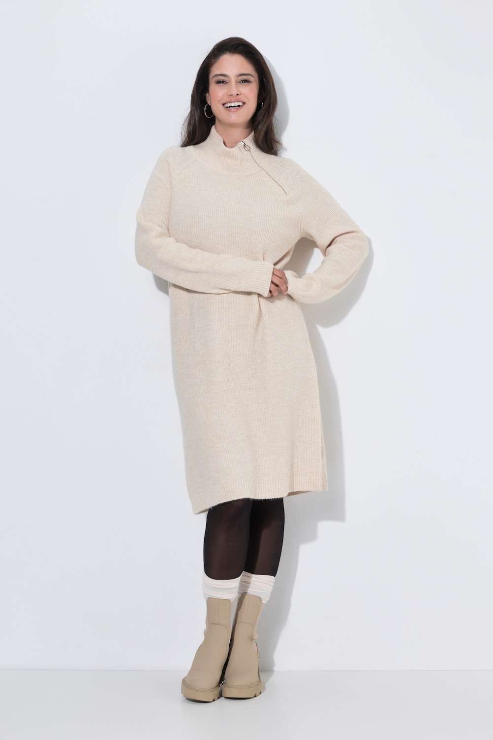 Strickkleid, Ripp-Einsätze, Troyerkragen, Langarm