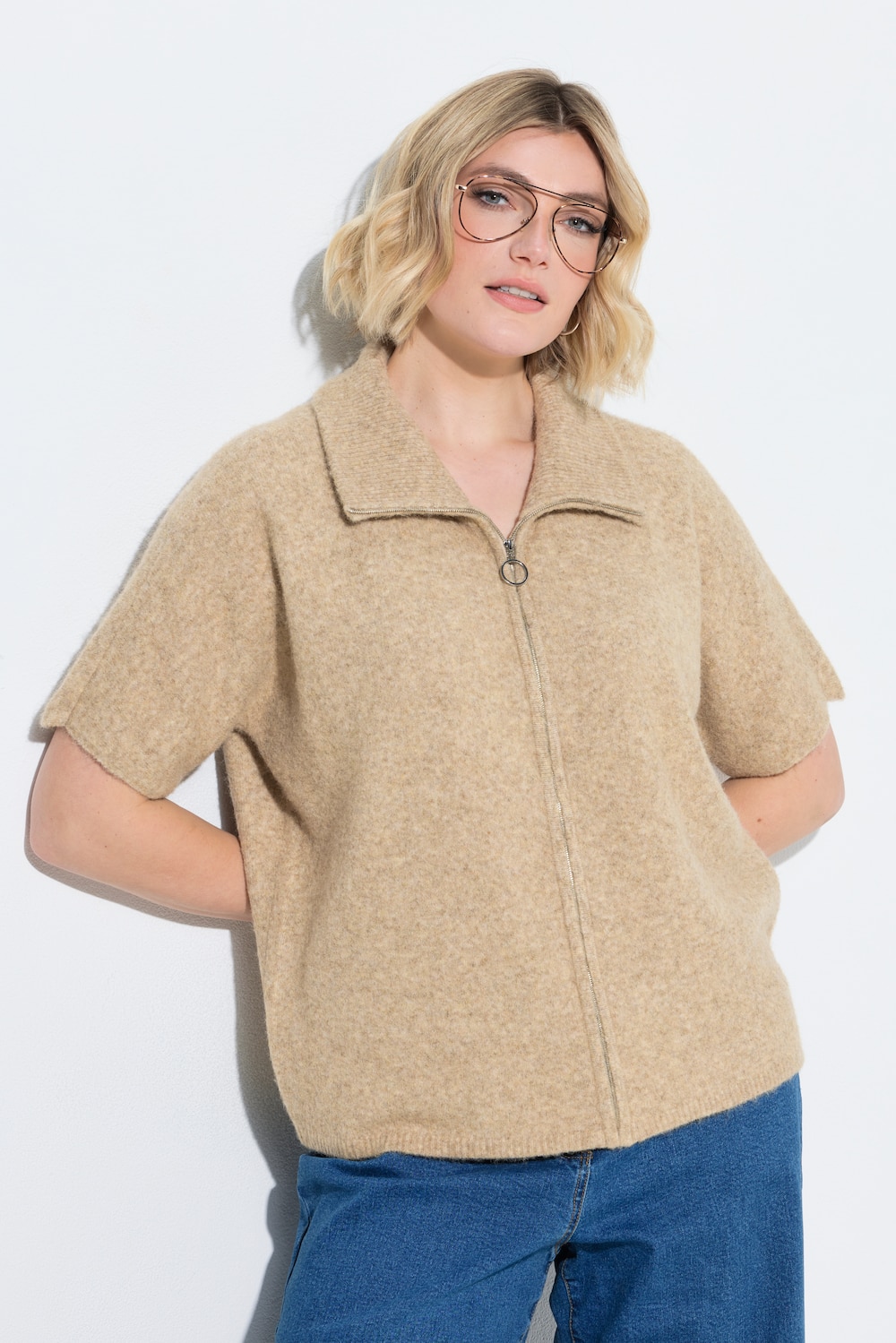 Strickjacke, Troyerkragen, Reissverschluss, Halbarm