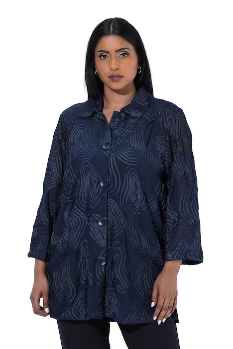 Mesh-Jacke, Stickerei, A-Linie, Hemdkragen, 3/4-Arm
