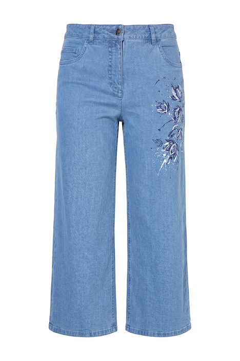 Denim culottes, wide leg, floral motif, 5 pockets