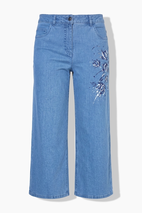 Culotte vaquero, pernera ancha, motivo floral, 5 bolsillos