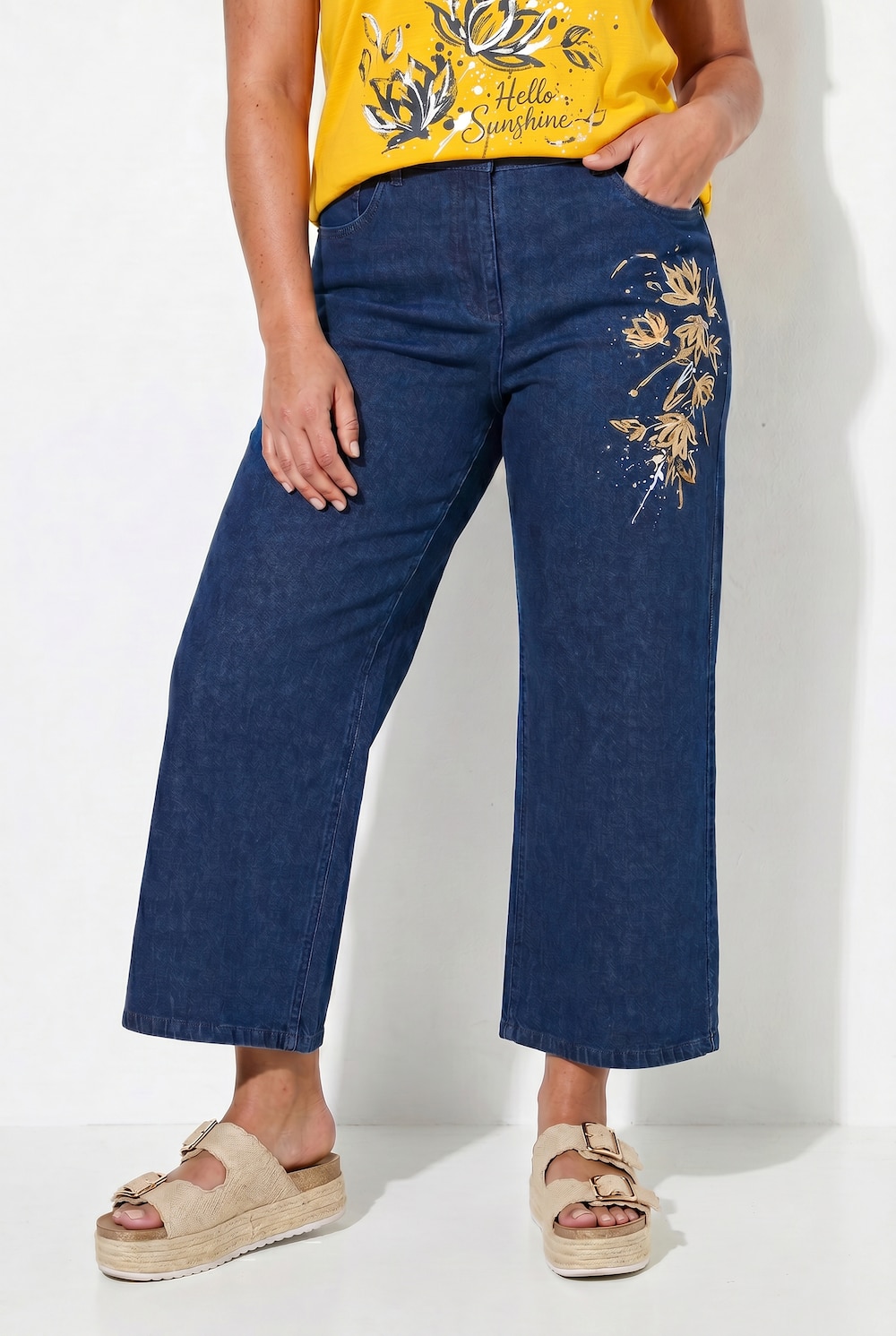 Jeans-Culotte, weites Bein, Blumen-Motiv, 5-Pocket
